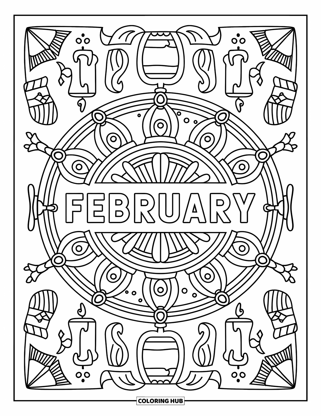 February Coloring Page for Adults: February framed by a cozy mandala of candles, mittens, and winter treats