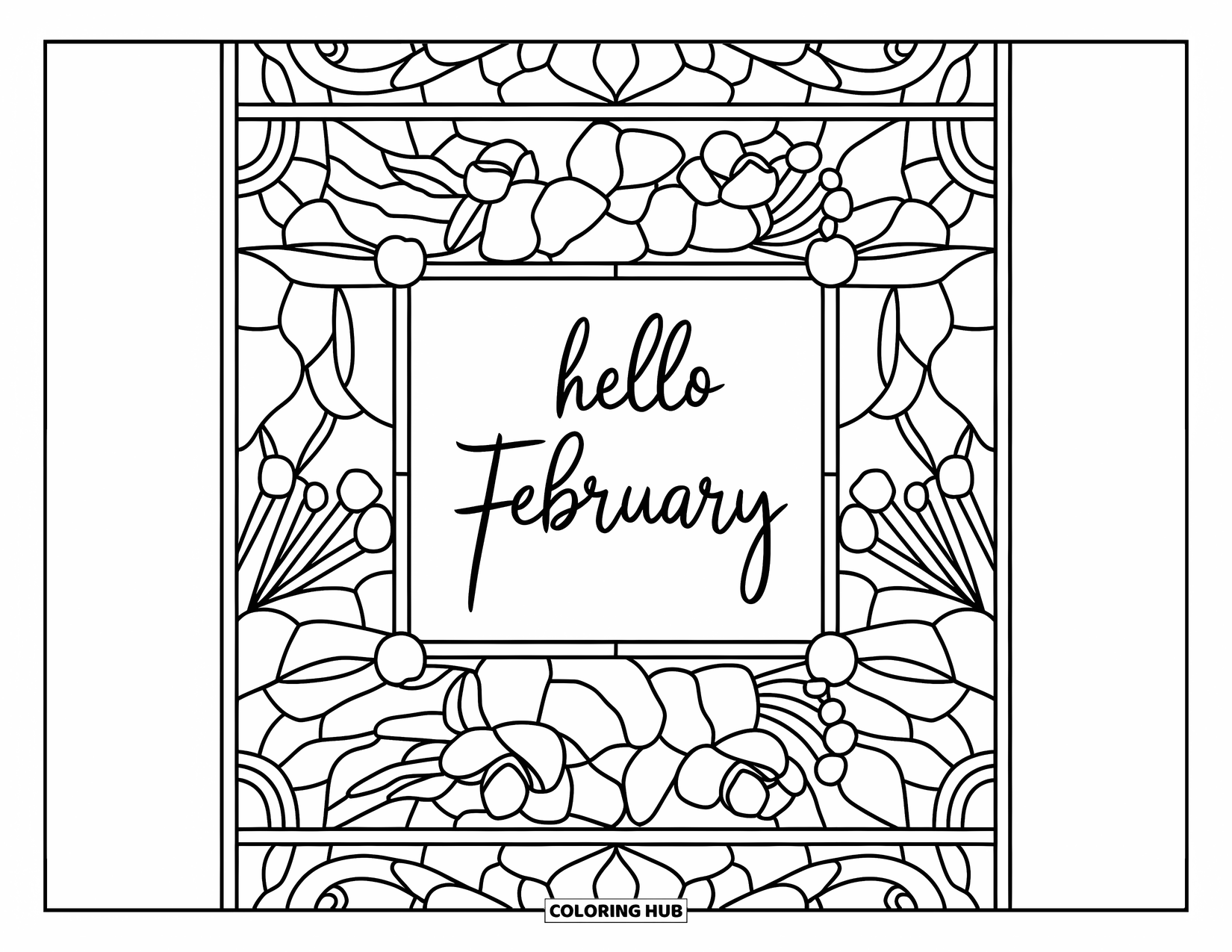 February Coloring Page for Adults: Hello February framed by primroses and amethysts in stained glass design