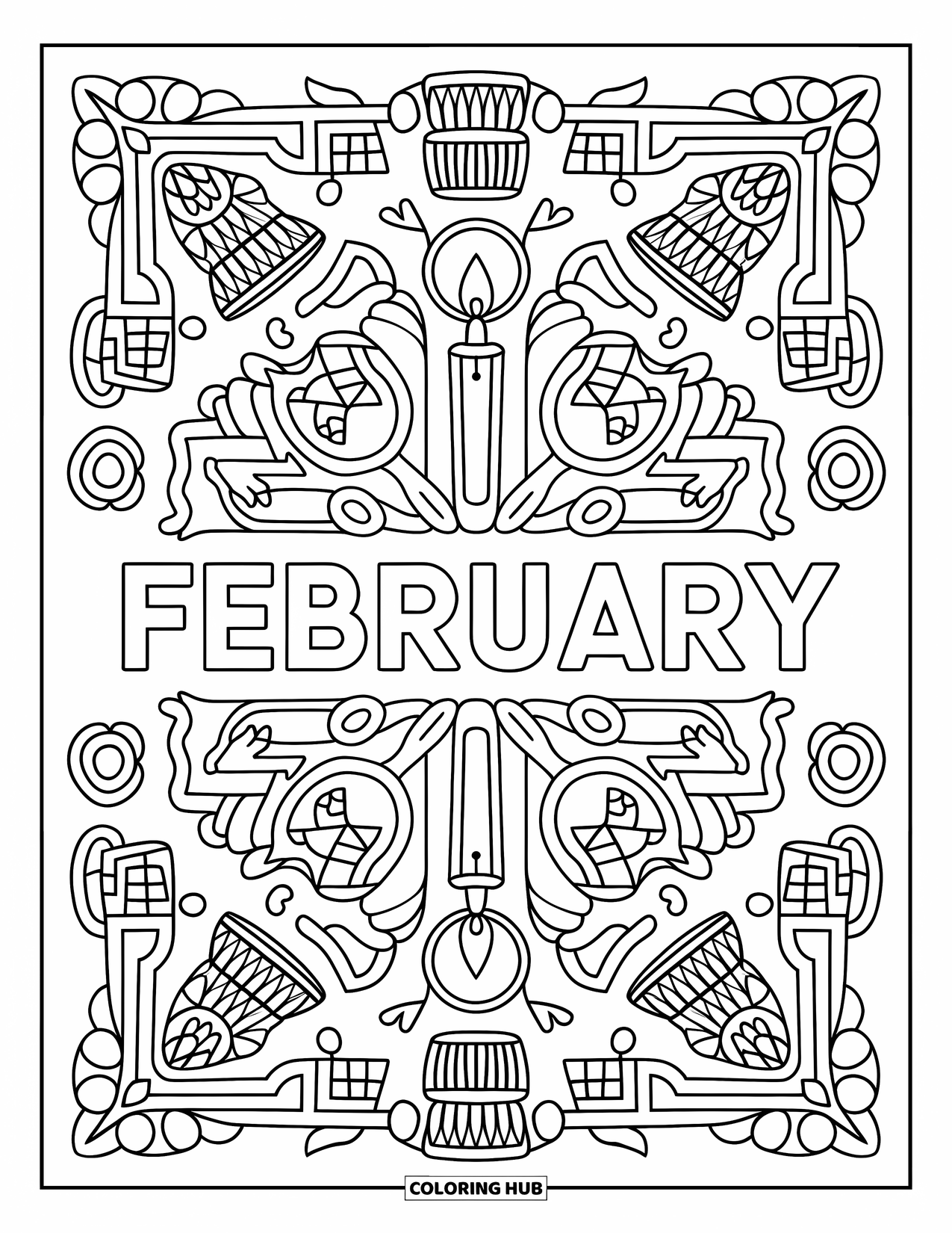 February Coloring Page for Adults: Mandala of candles and mittens framing the word February