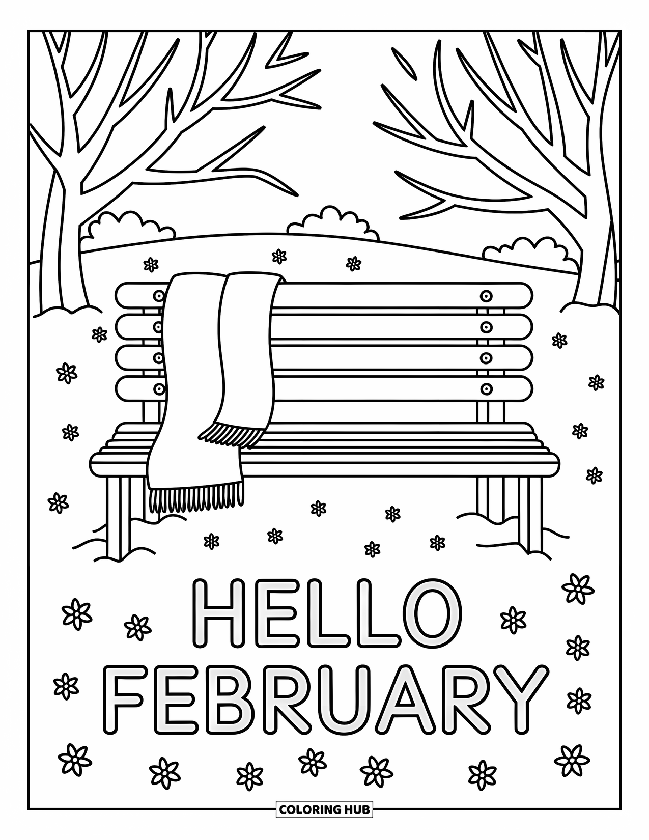 February Coloring Page for Adults: Petals, scarf, and "Hello February" decorate a quiet park bench