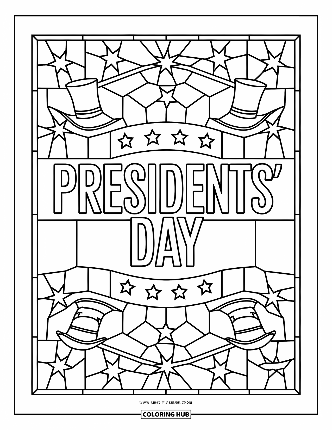 February Coloring Page for Adults: Presidents' Day framed by stained glass stars, top hats, and eagles