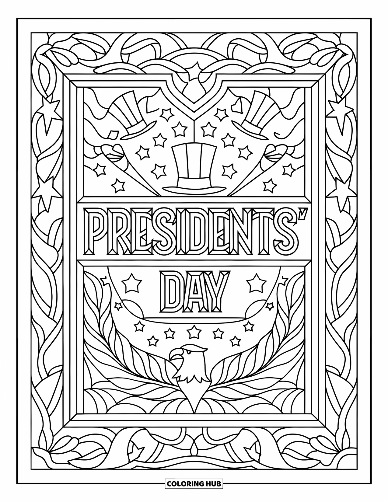 February Coloring Page for Adults: Presidents' Day title surrounded by stars, eagles, and elegant vine-like patterns