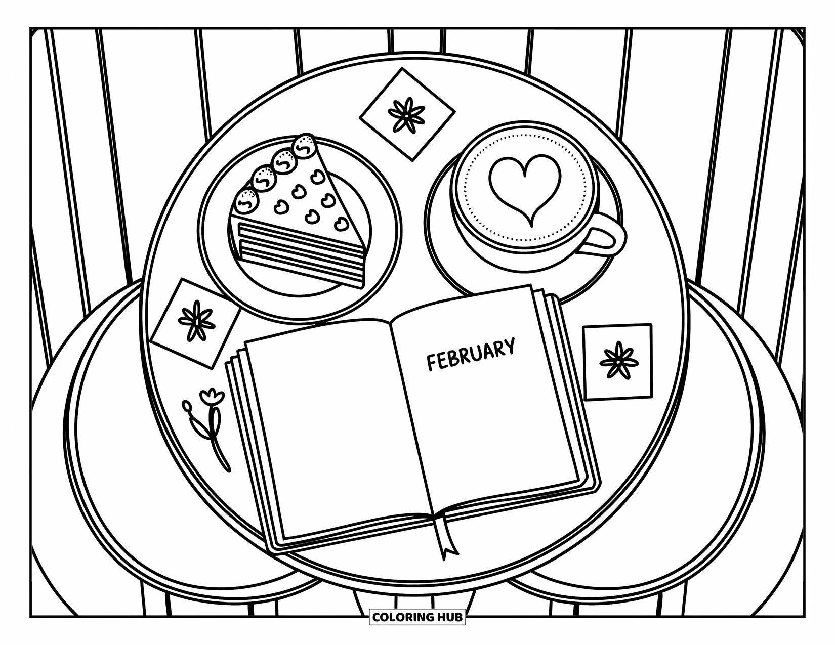 February Coloring Page for Adults: Slice of cake, latte, and notebook create a cute café corner moment