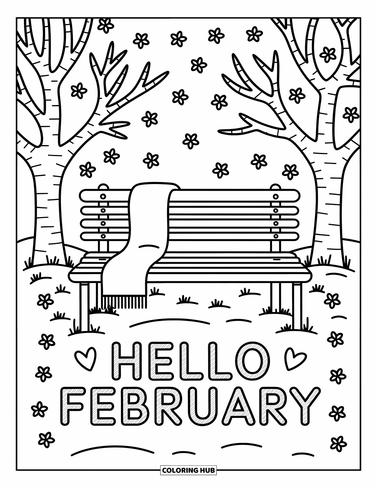 February Coloring Page for Adults: Snowy bench with scarf and "Hello February" carved in the snow