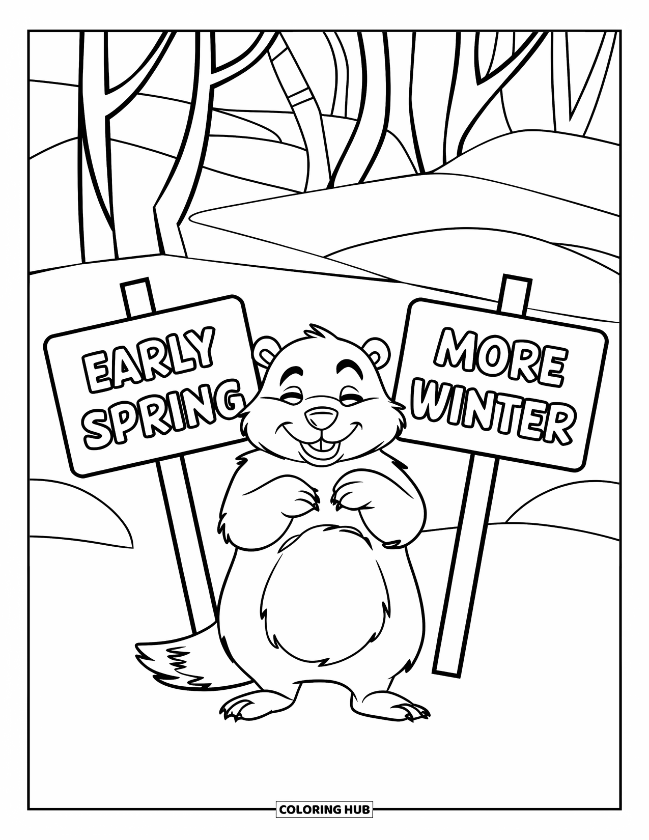 February Coloring Page for Kids: A groundhog stands between signs for early spring and more winter
