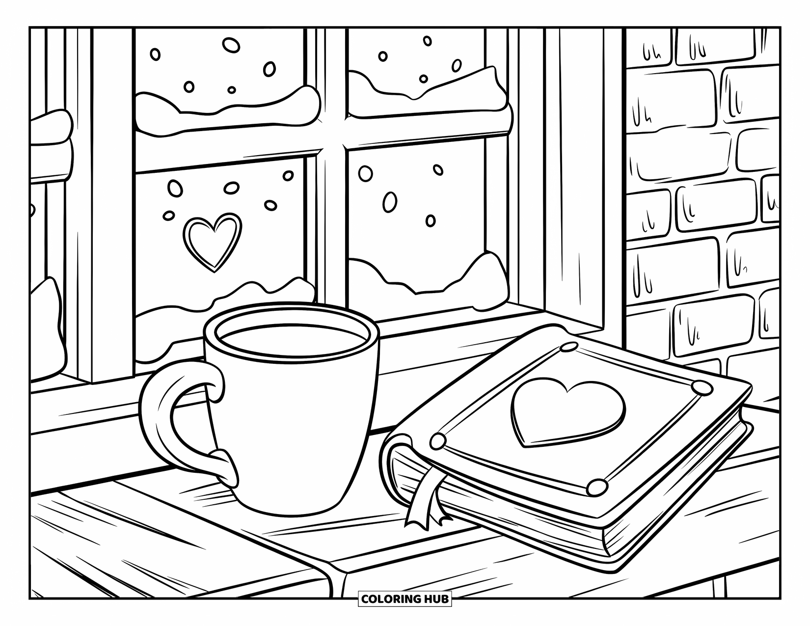February Coloring Page for Kids: A snowy window, warm mug, and sweet book make a cozy winter scene