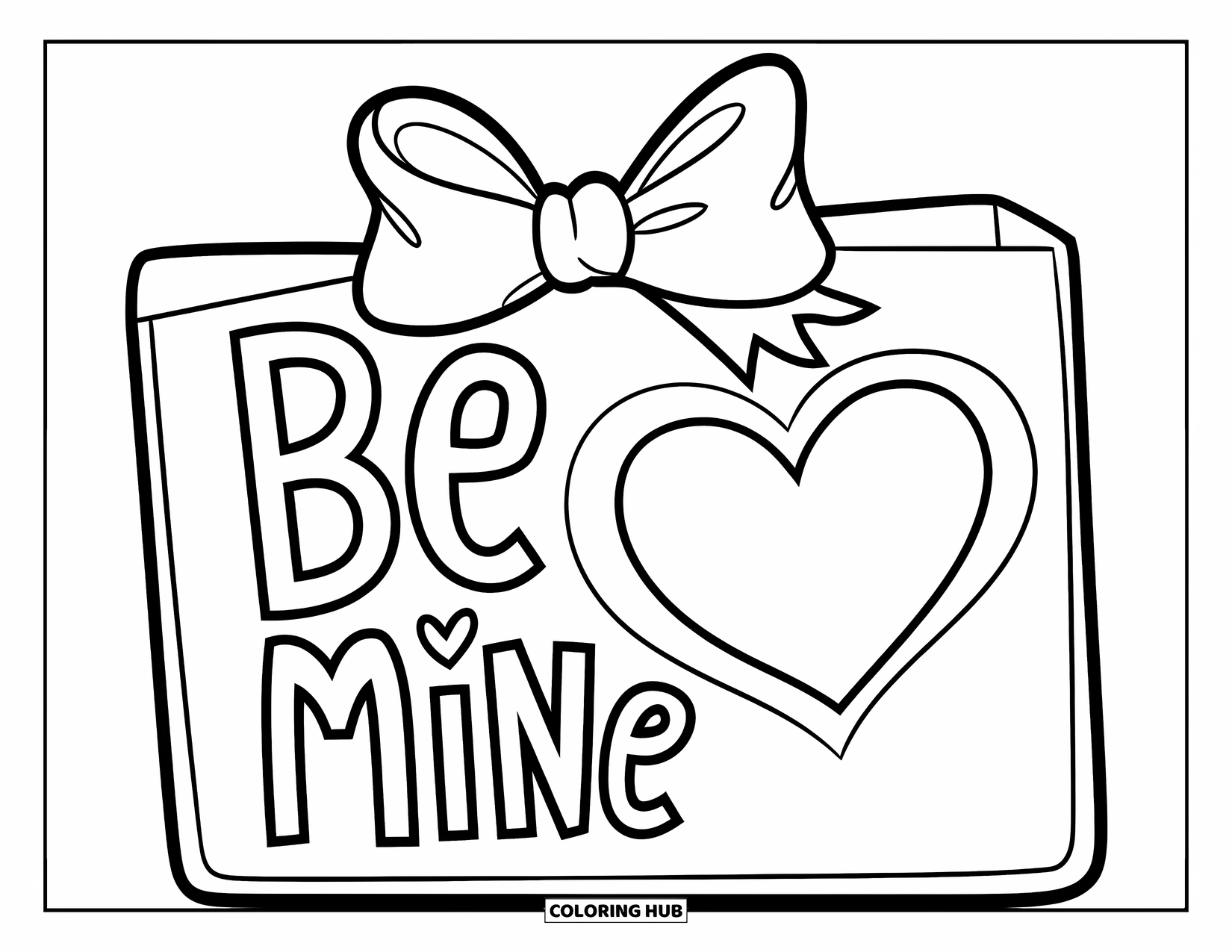 February Coloring Page for Kids: Big Valentine card with a heart and a bow