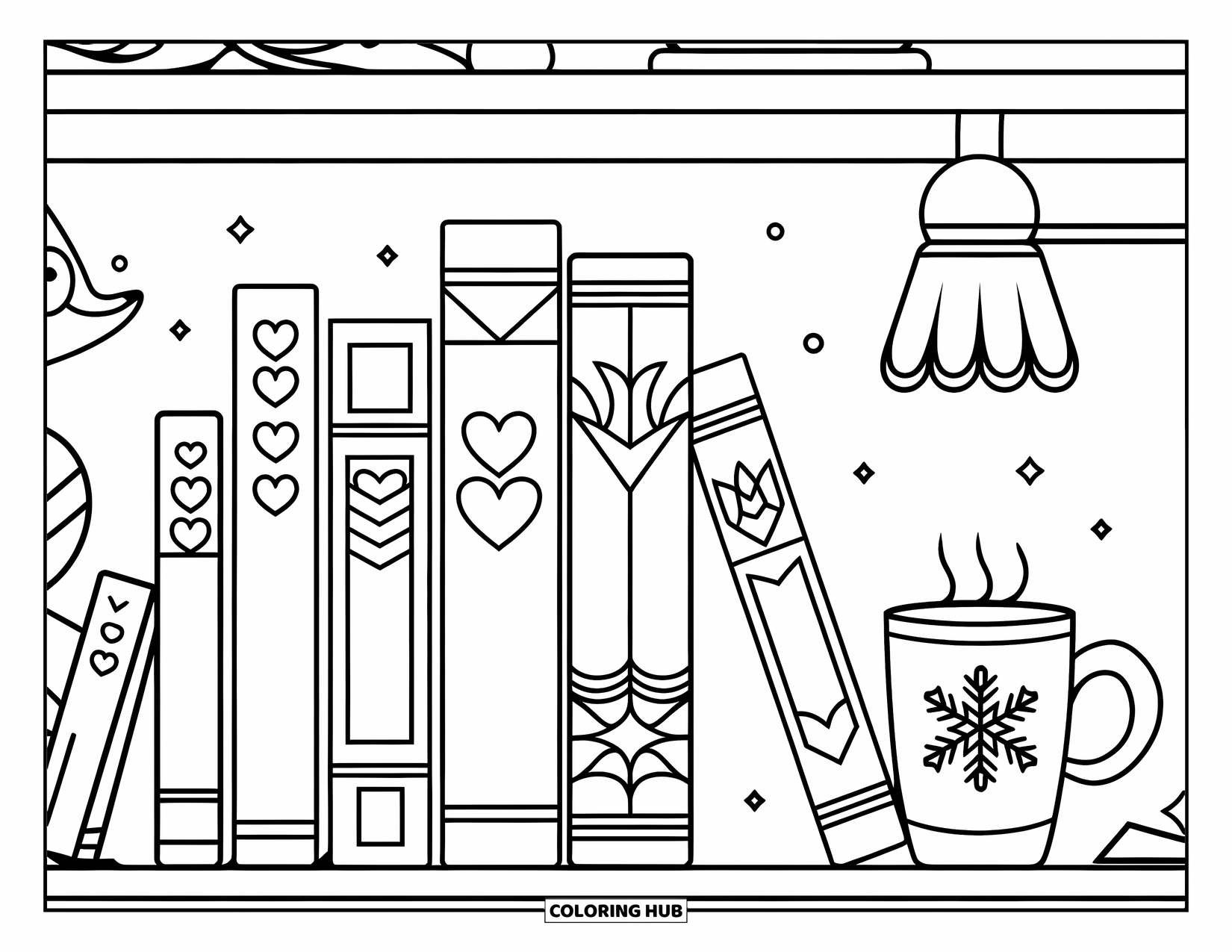 February Coloring Page for Kids: Bookshelf with classic titles, heart bookmarks, and a snowflake mug