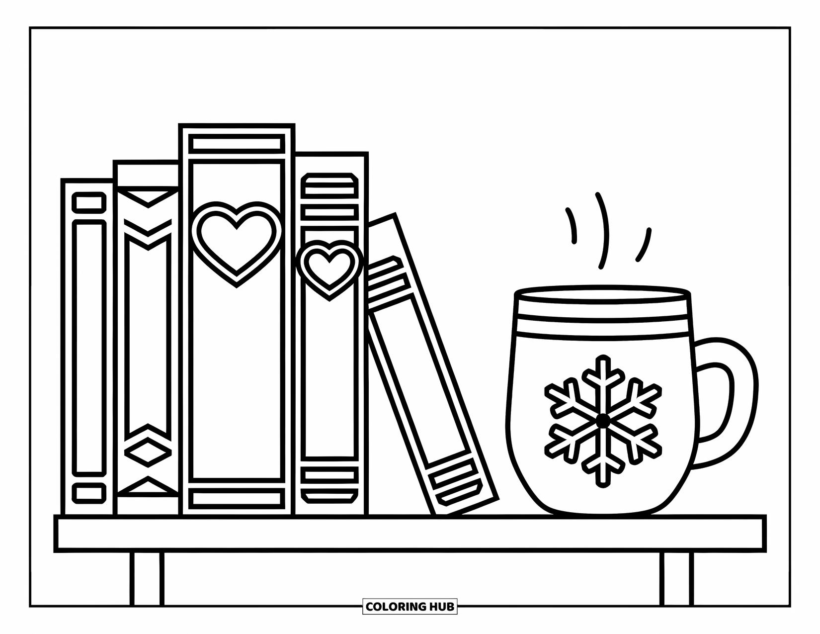 February Coloring Page for Kids: Bookshelf with heart bookmarks and a snowflake mug beside it