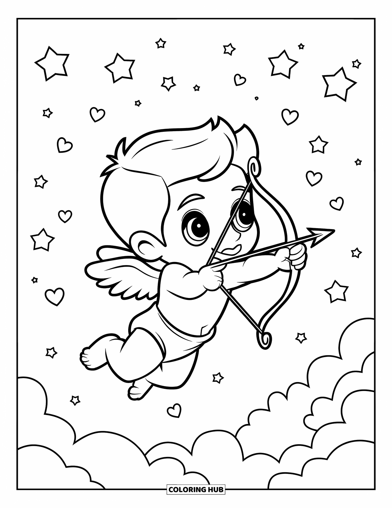 February Coloring Page for Kids: Cupid with a bow aiming at a dreamy sky of stars and hearts