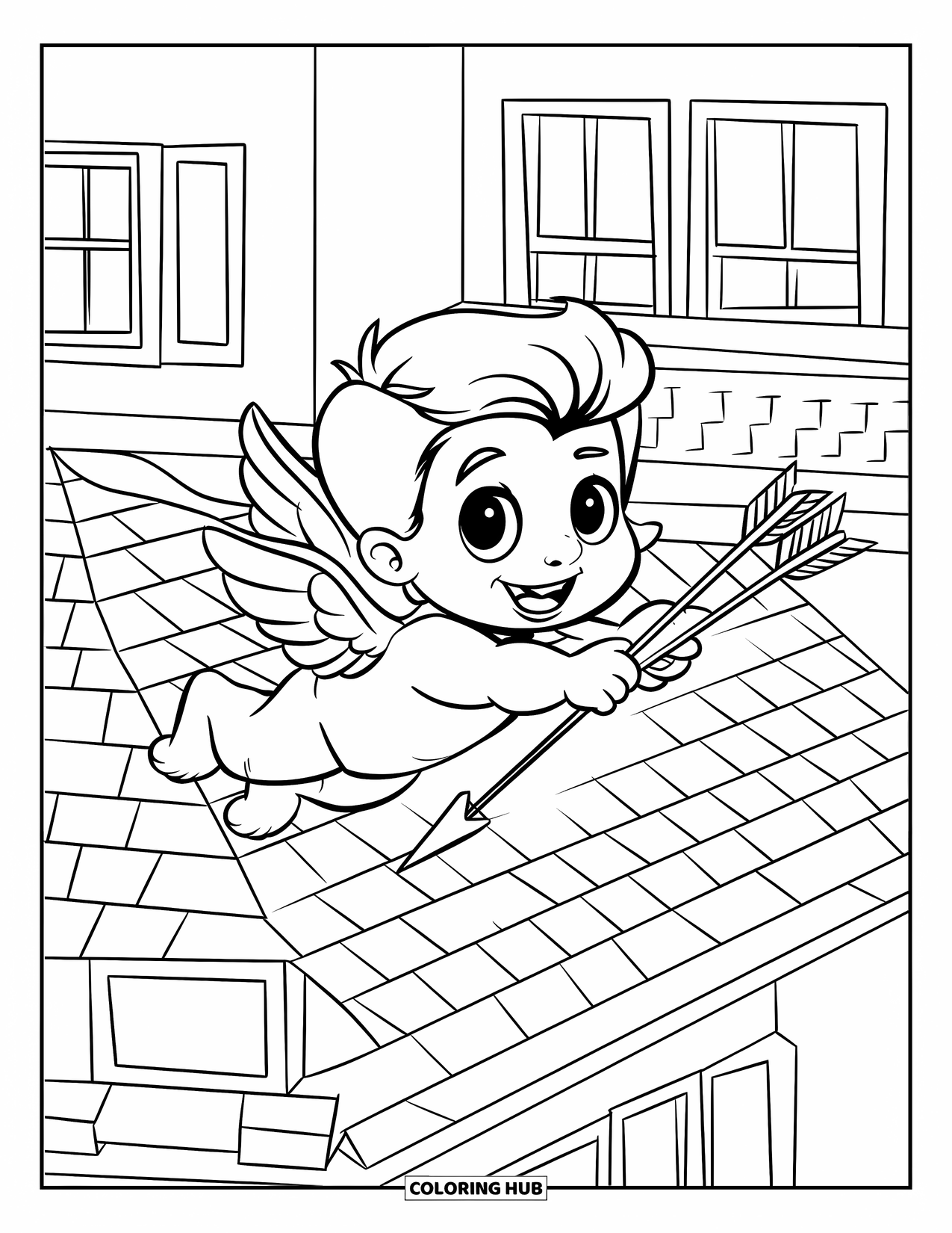 February Coloring Page for Kids: Cupid with arrows soaring above buildings and windows