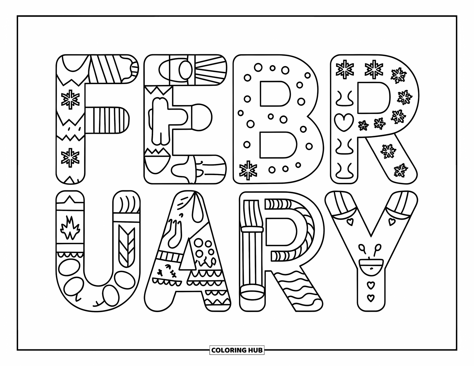 February Coloring Page for Kids: FEBRUARY letters filled with snowflakes, mittens, mugs, and cozy winter items