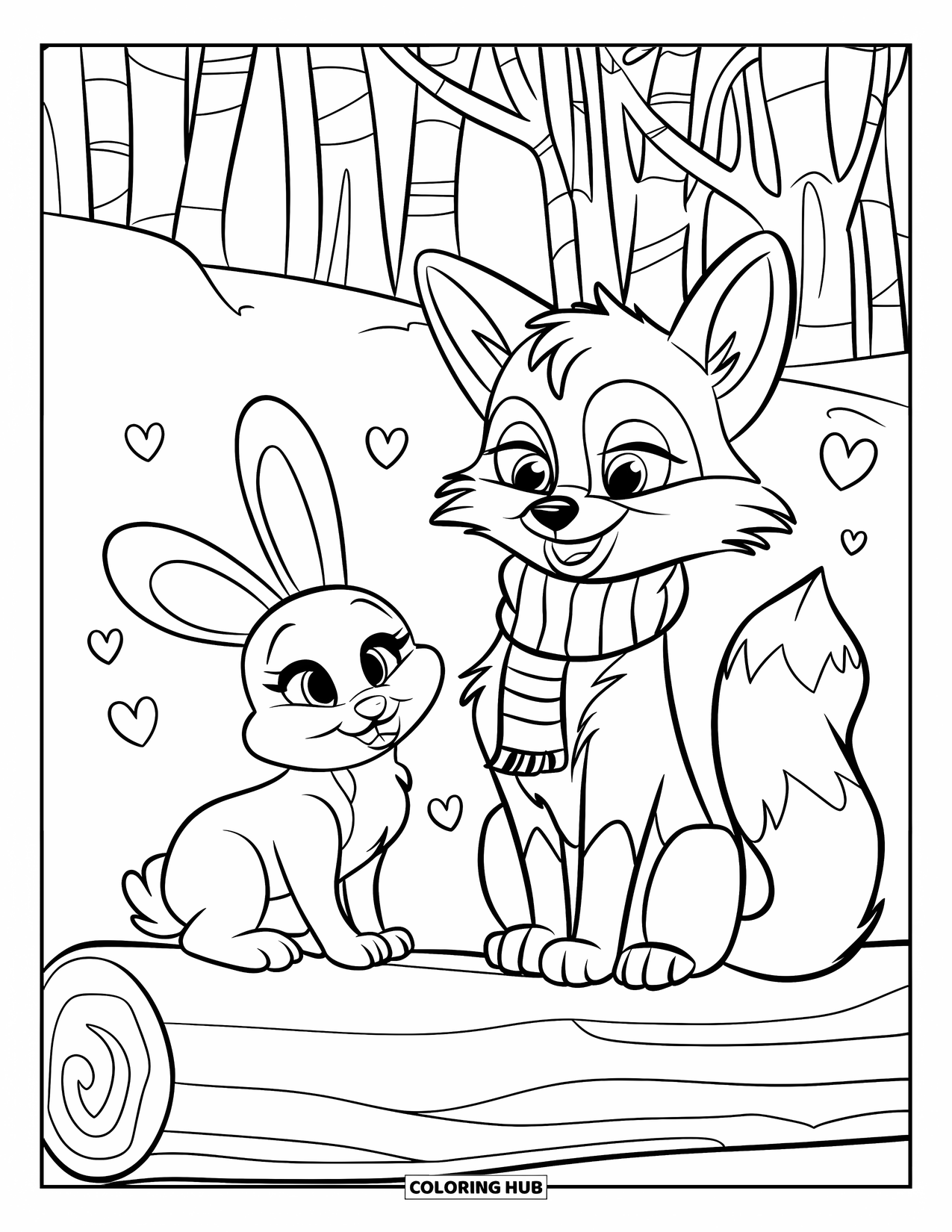 February Coloring Page for Kids: Fox and bunny with hearts in a snowy forest