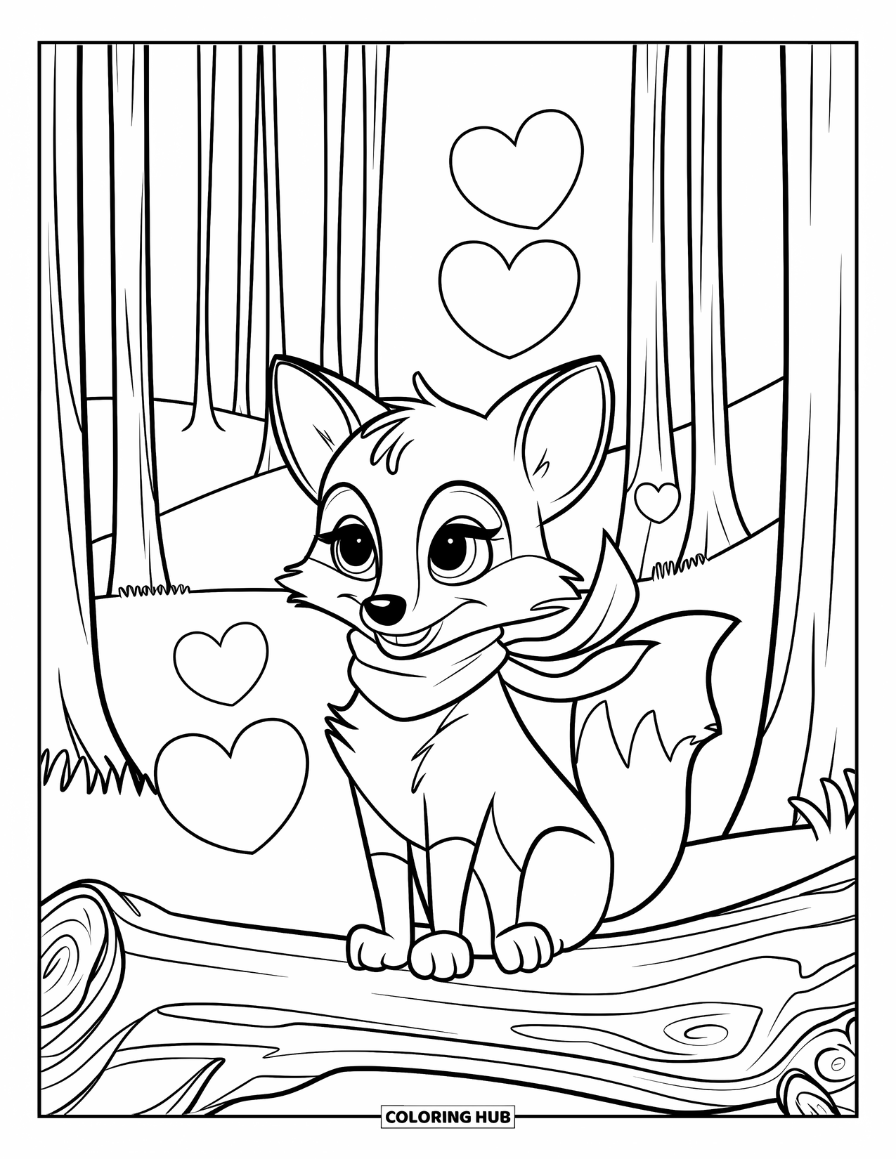 February Coloring Page for Kids: Fox on a log wearing a scarf with hearts around