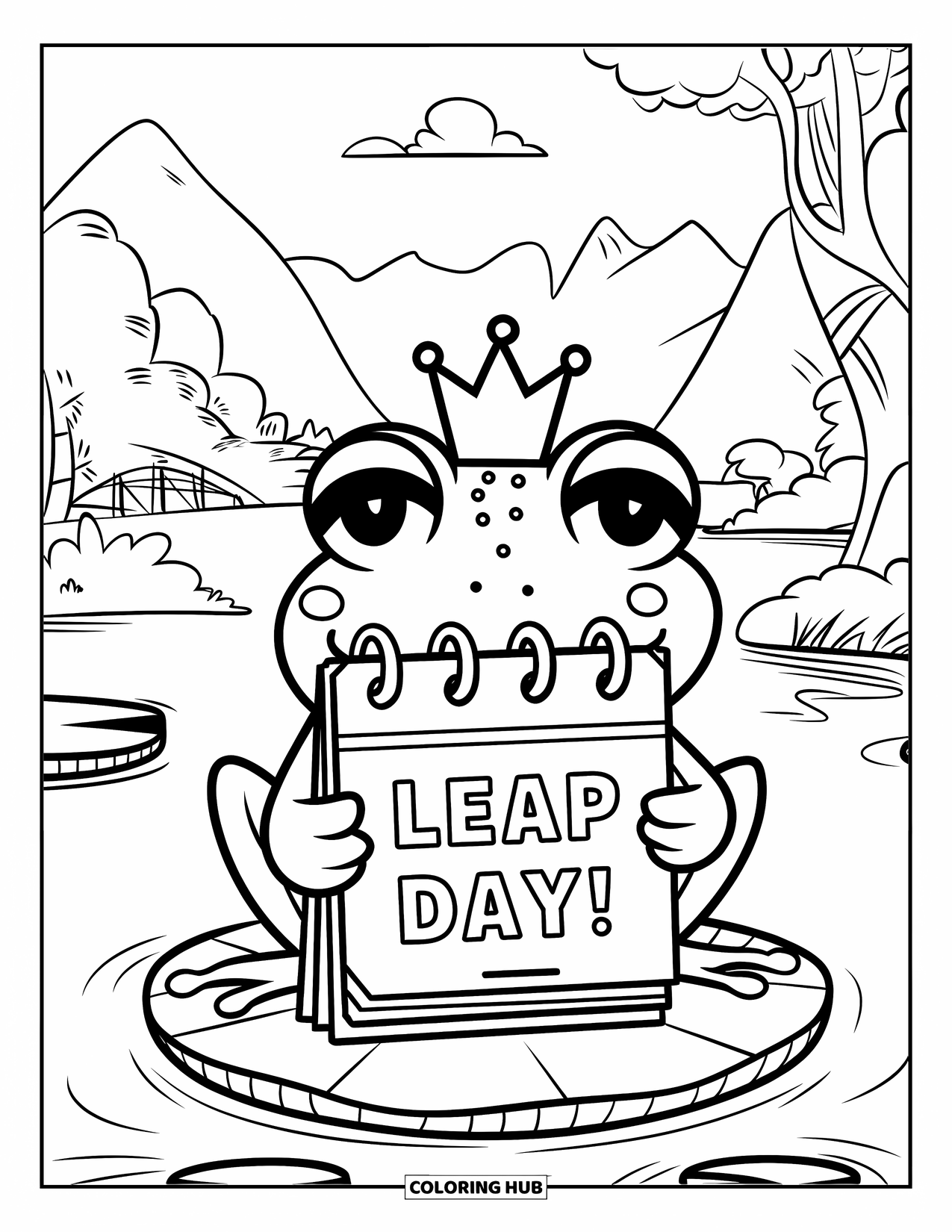 February Coloring Page for Kids: Frog in a crown holding a "Leap Day" sign on a lily pad