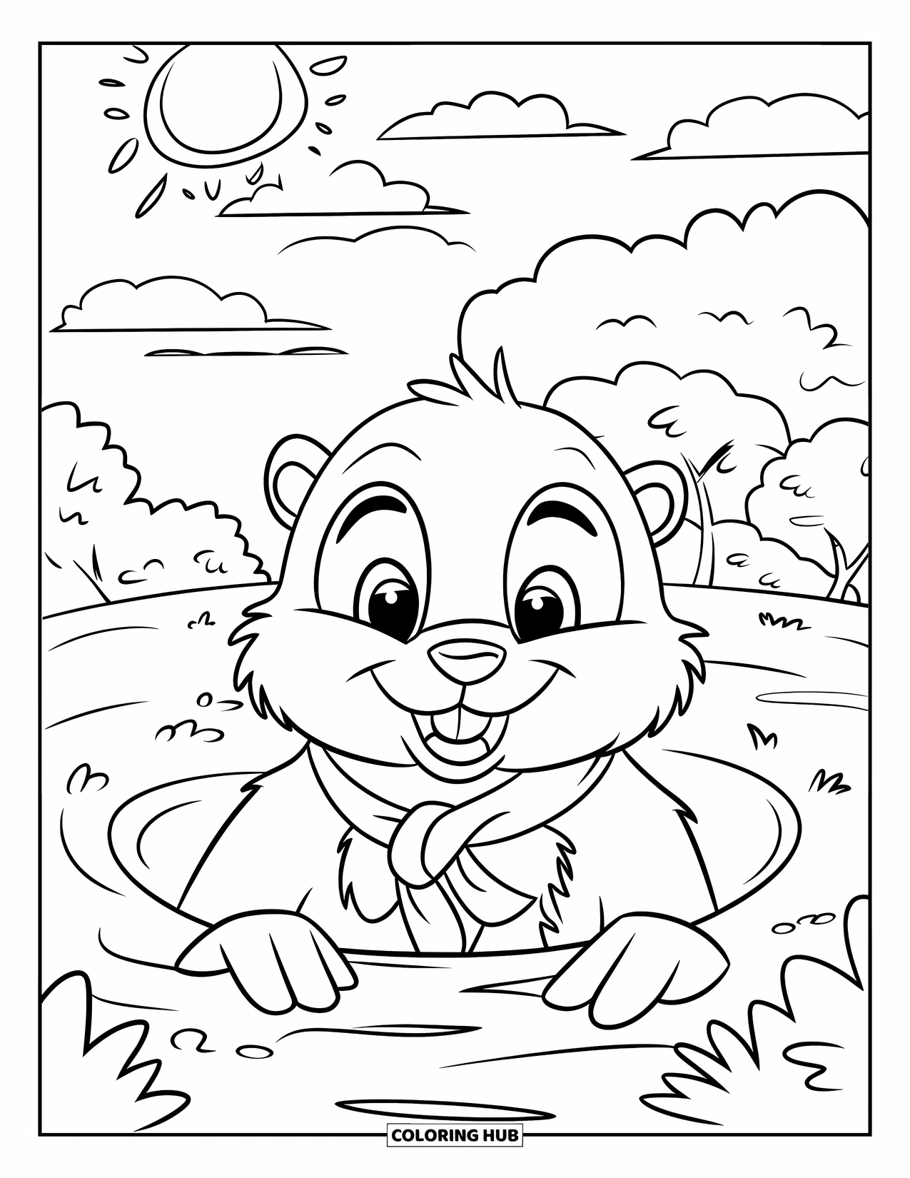 February Coloring Page for Kids: Groundhog in a scarf enjoying sunshine and trees