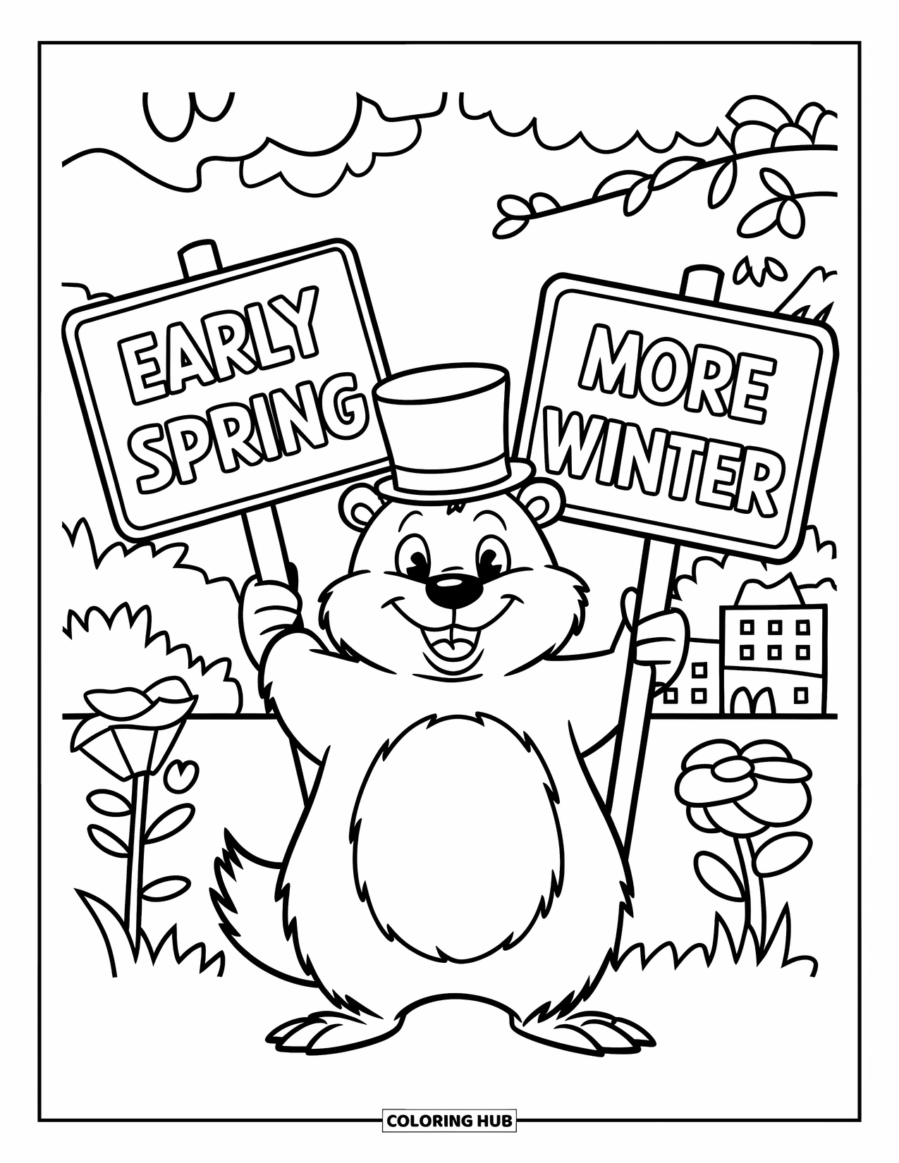February Coloring Page for Kids: Happy groundhog in a top hat with flowers and winter signs