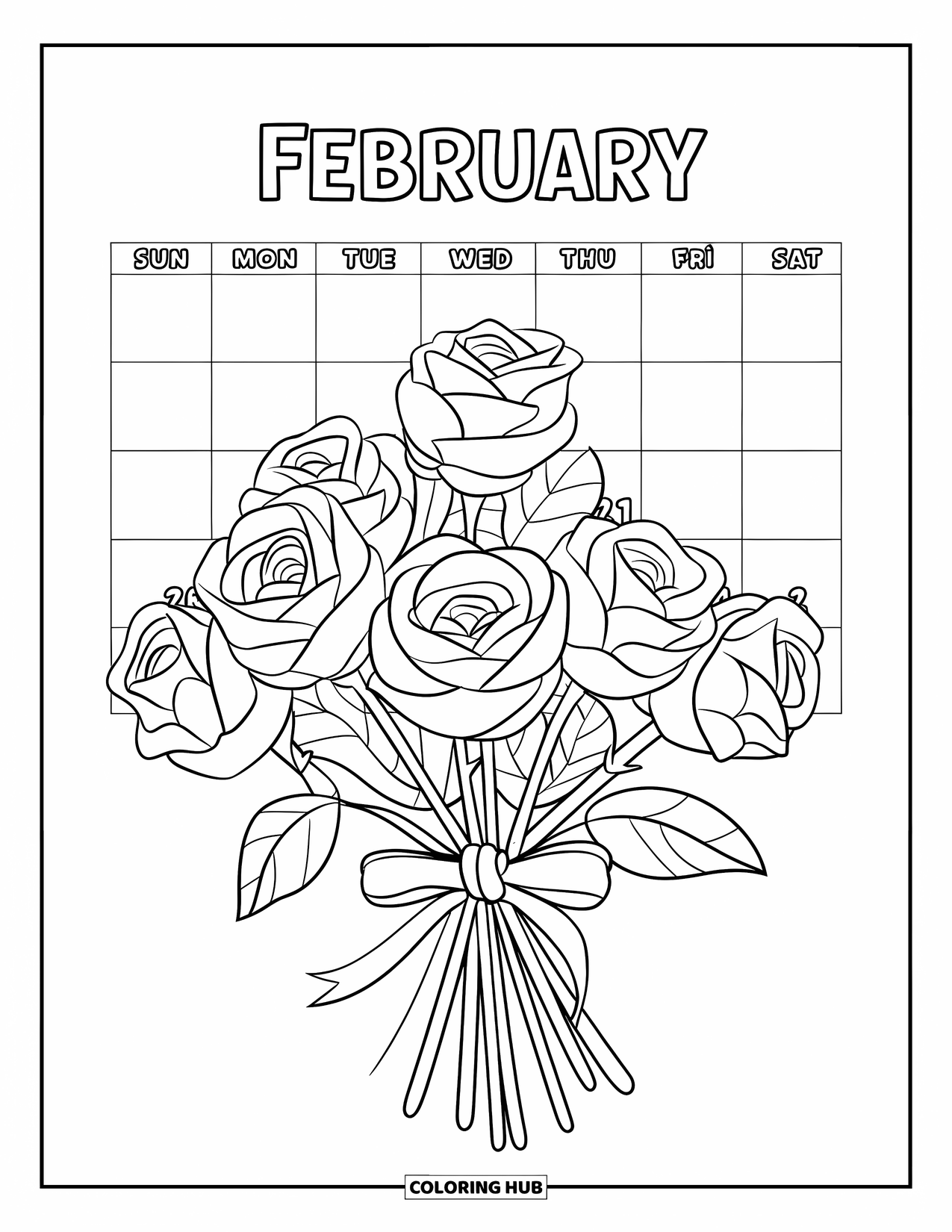 February Coloring Page for Kids: Roses in a vase tied with a bow beside a February calendar