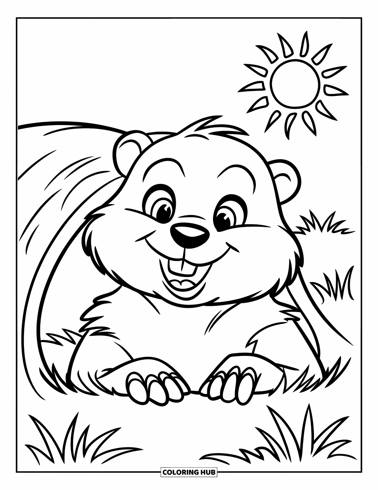 February Coloring Page for Kids: Smiling groundhog peeking from its burrow under the sun