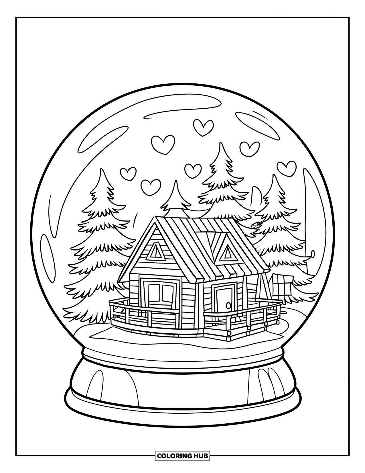 February Coloring Page for Kids: Snow globe with cozy cabin, pine trees, and floating hearts