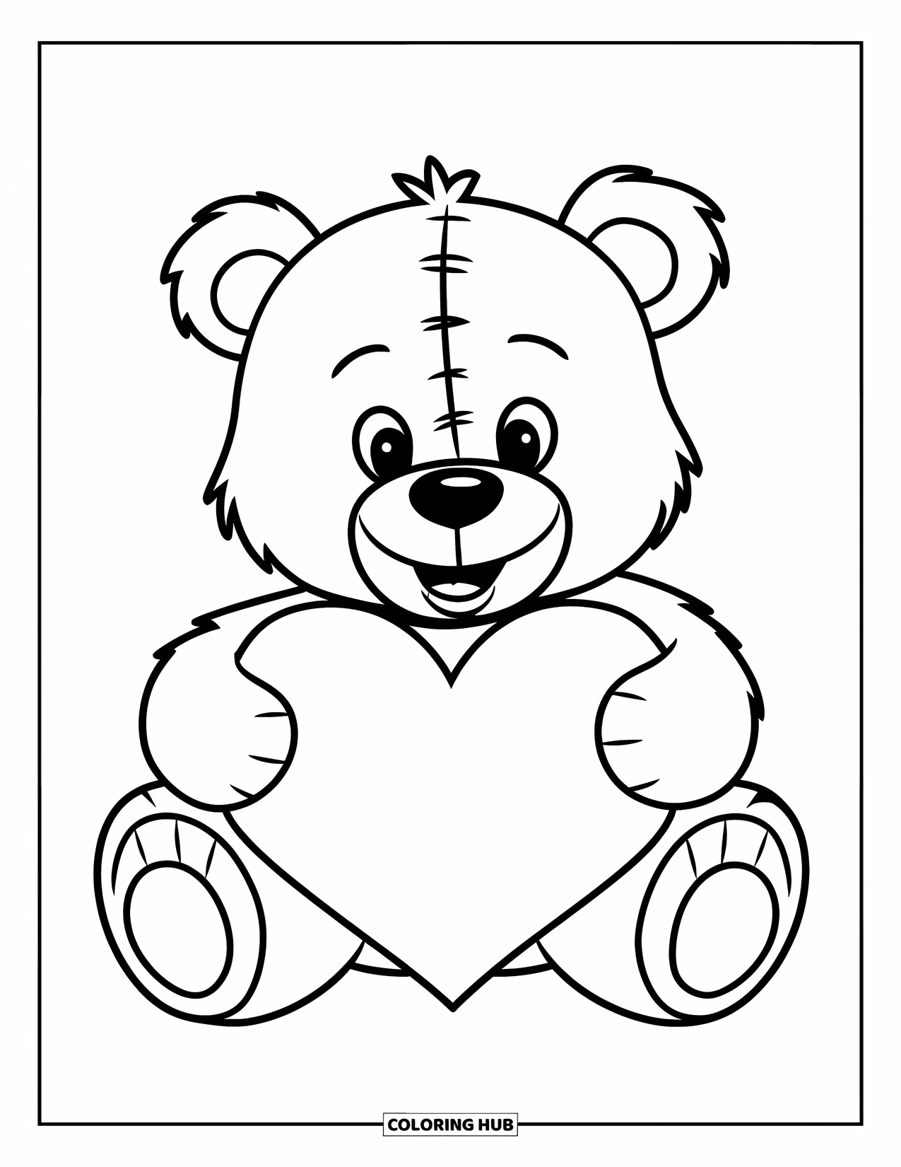 February Coloring Page for Kids: Teddy bear with heart and a stitched red patch