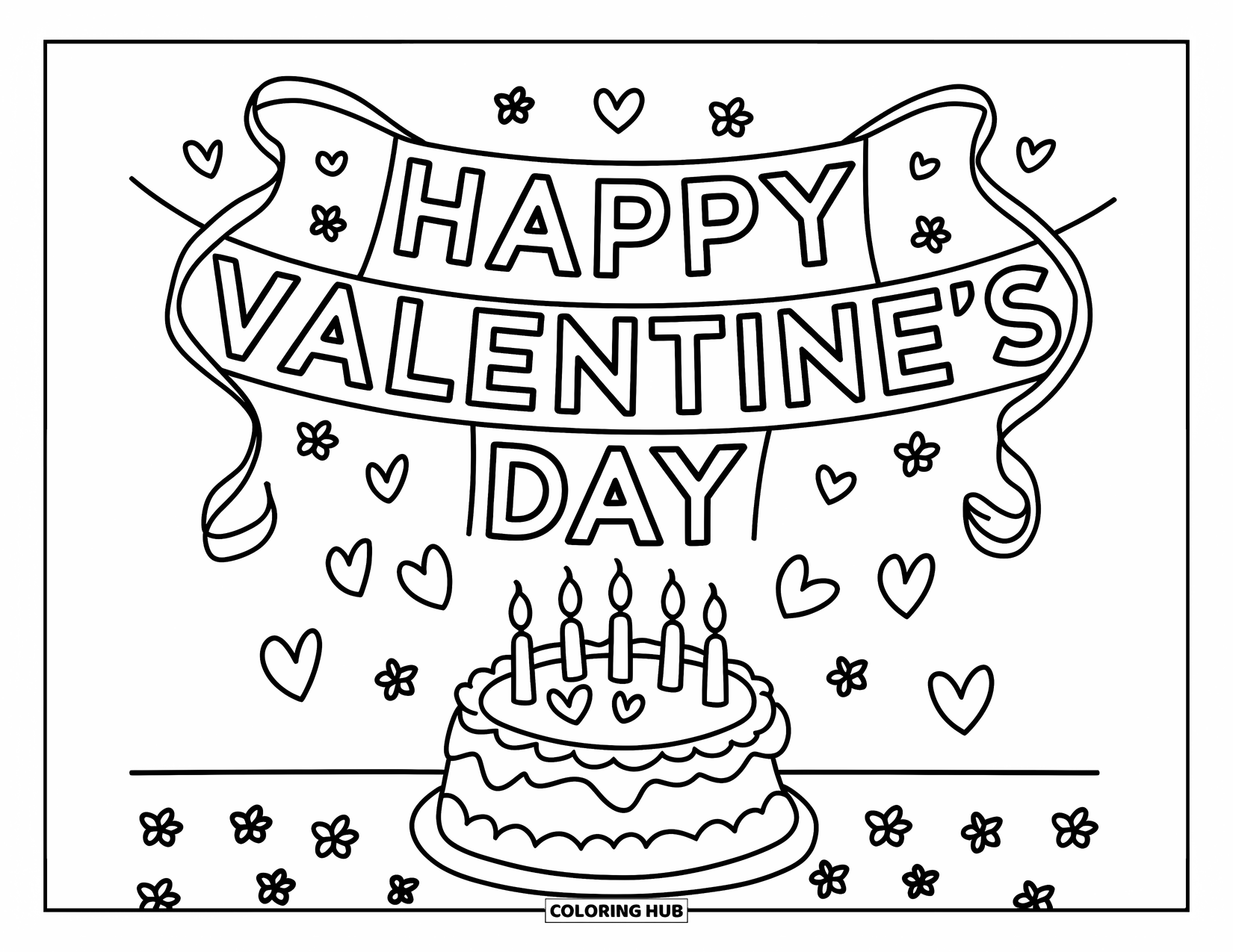 February Coloring Page for Kids: Valentine's banner above a heart cake with streamers and sweet details