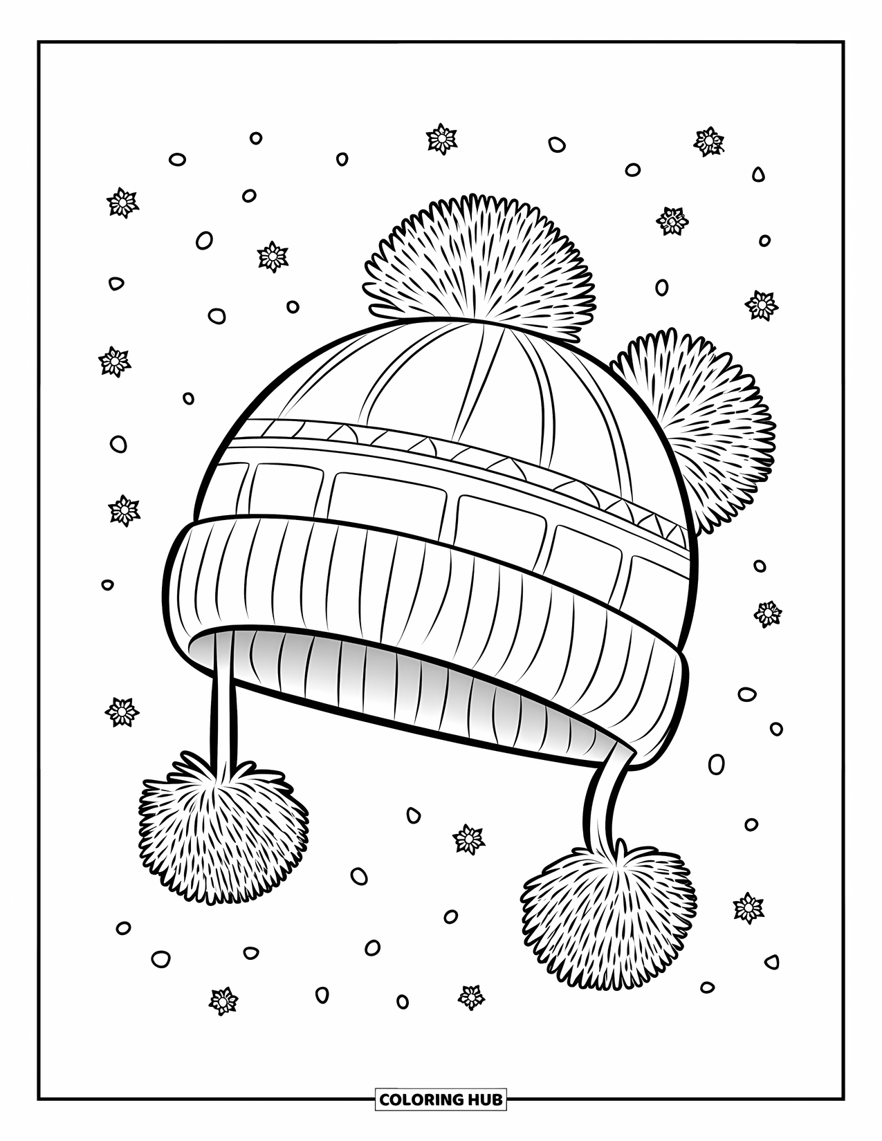 February Coloring Page for Kids: Winter hat with pom-poms and falling snow
