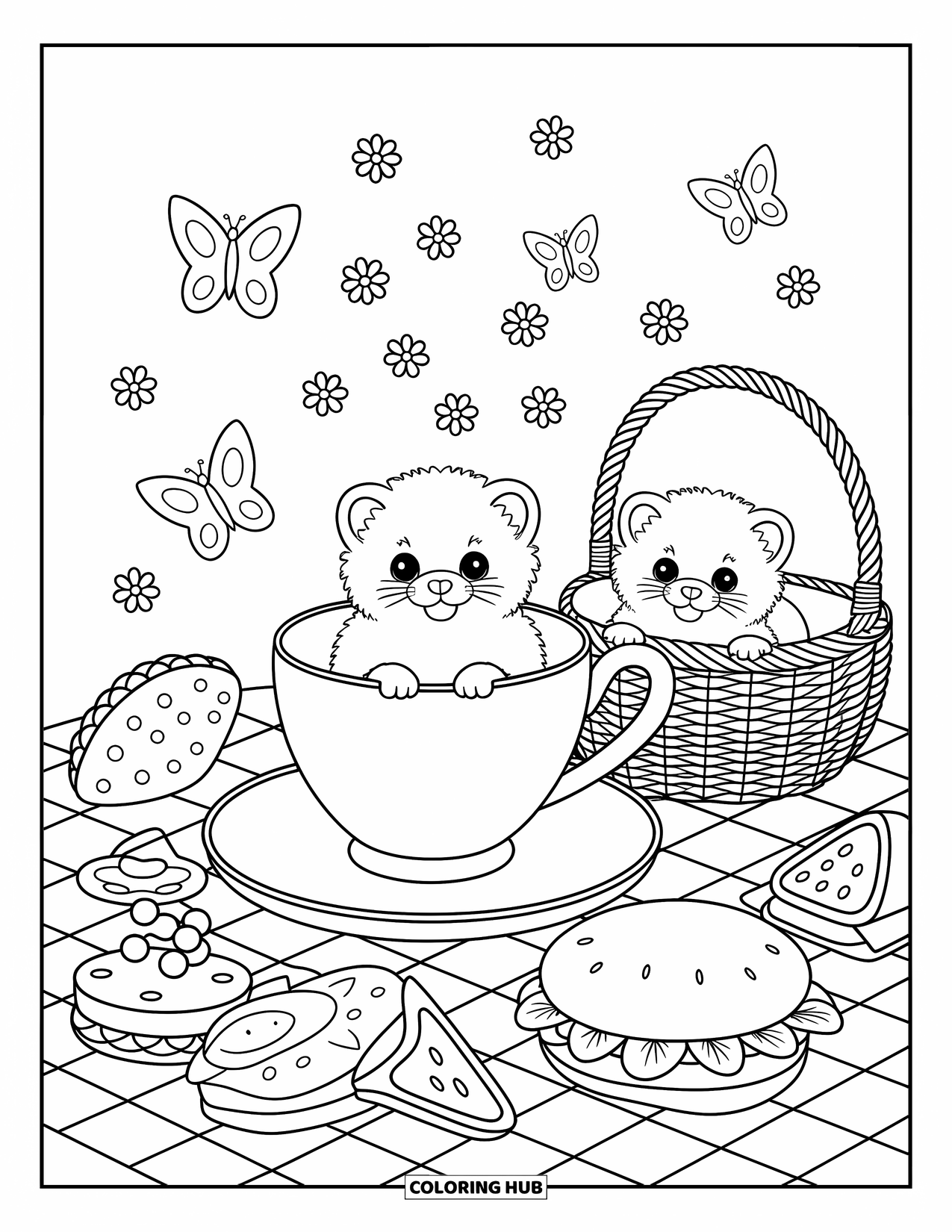 Ferret Coloring Page for Adults: A ferret lounges in a teacup while another peeks from behind a sandwich at a picnic