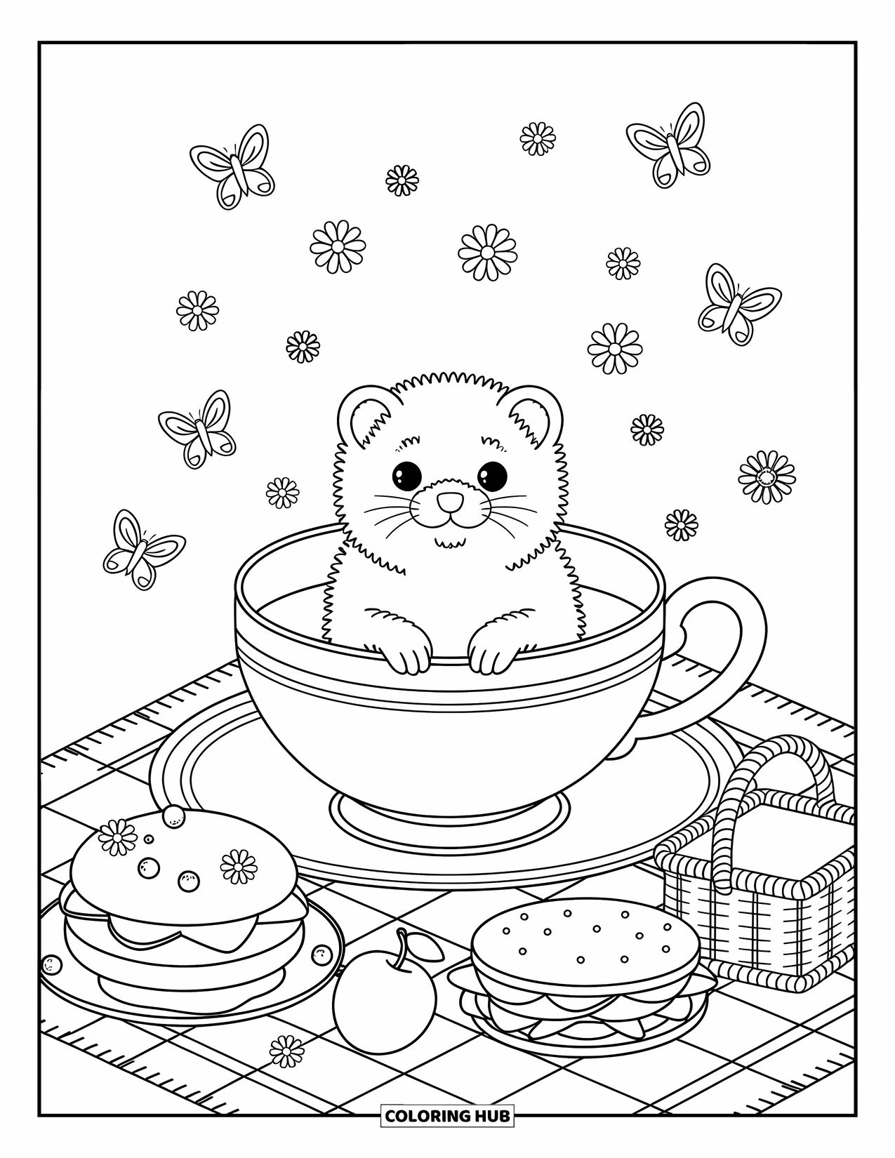 Ferret Coloring Page for Adults: Curious ferrets enjoy a cozy picnic with pastries, fruit, and fluttering butterflies
