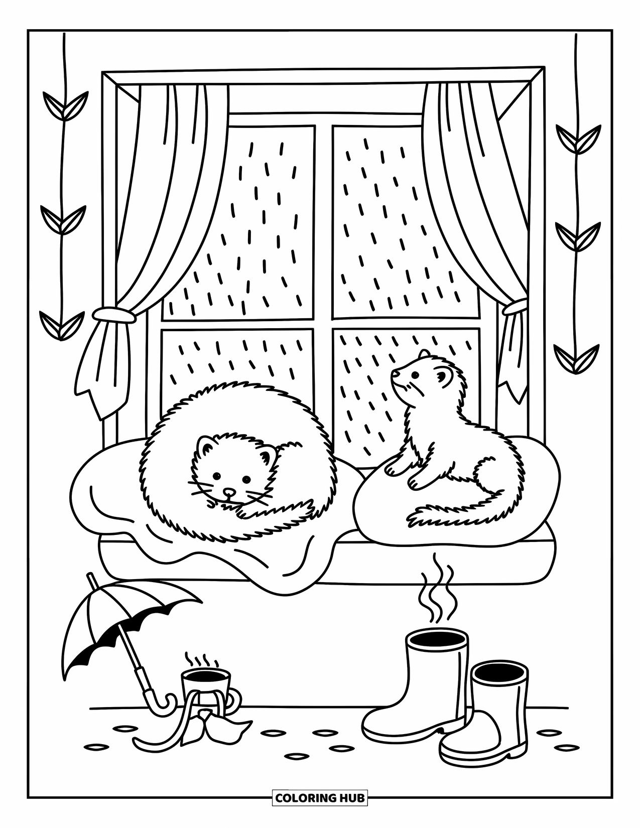 Ferret Coloring Page for Adults: Curled-up ferrets enjoy a rainy day by the window with warm tea and paper cranes