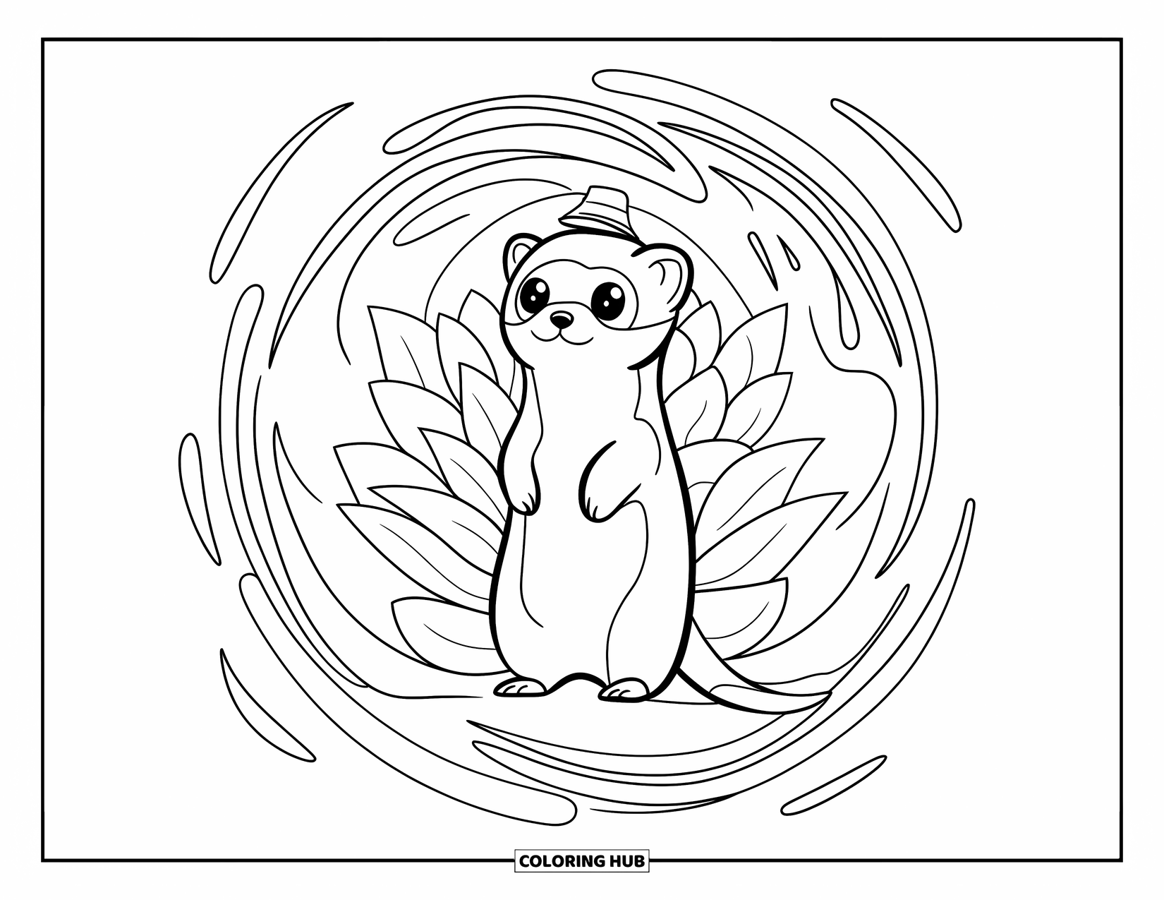 Ferret Coloring Page for Adults: Cute ferret in a tiny hat surrounded by a swirling lotus mandala