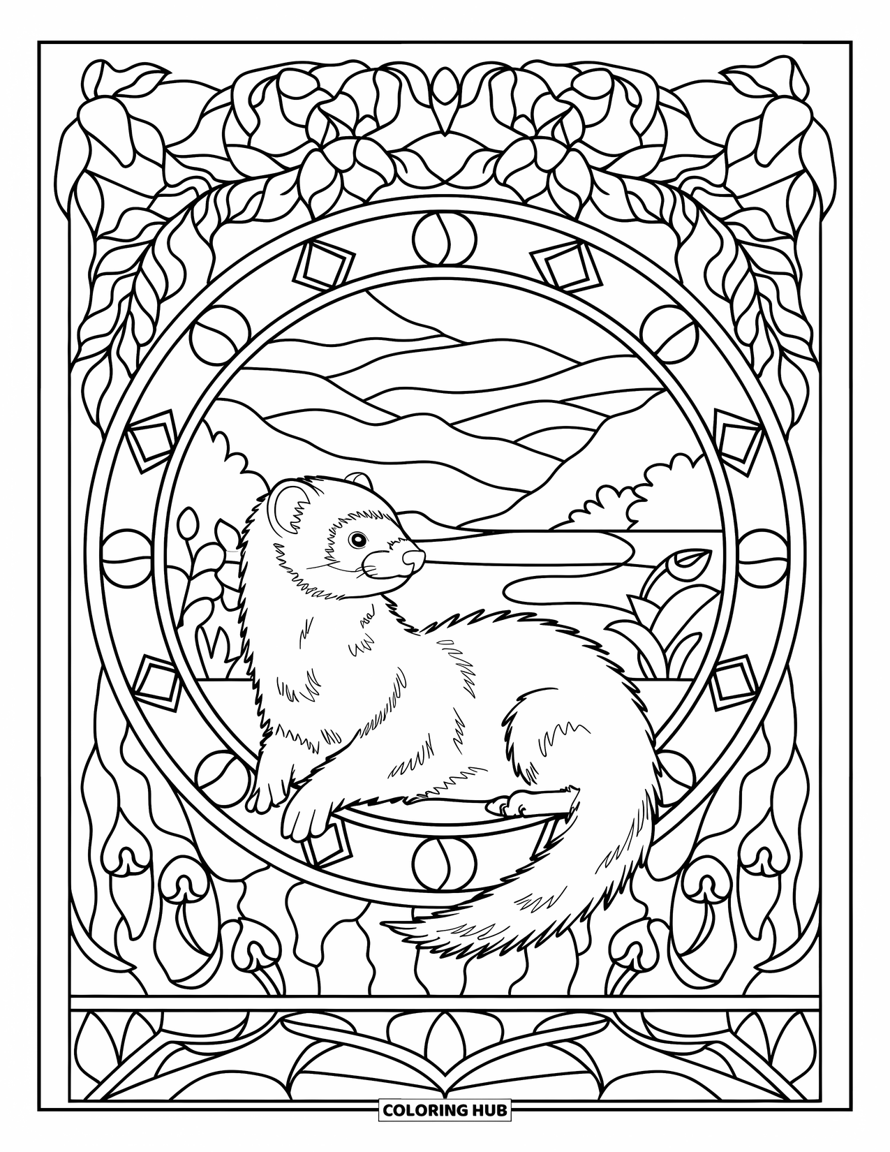 Ferret Coloring Page for Adults: Ferret on a windowsill surrounded by a stained glass scene of mountains and flowers