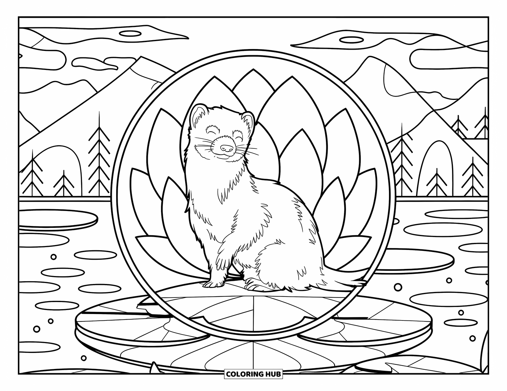 Ferret Coloring Page for Adults: Ferret stands on a lily pad, surrounded by lotus petals and peaceful nature