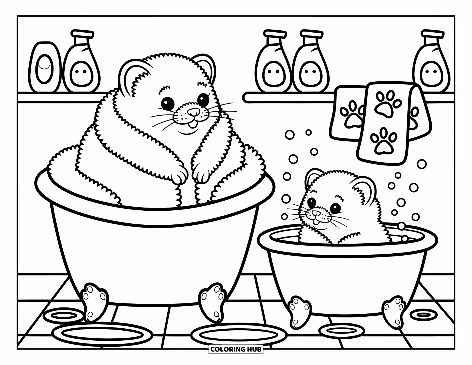 Ferret Coloring Page for Adults: Ferrets enjoy bath time with bubbles, fish-shaped shampoo bottles, and fluffy towels