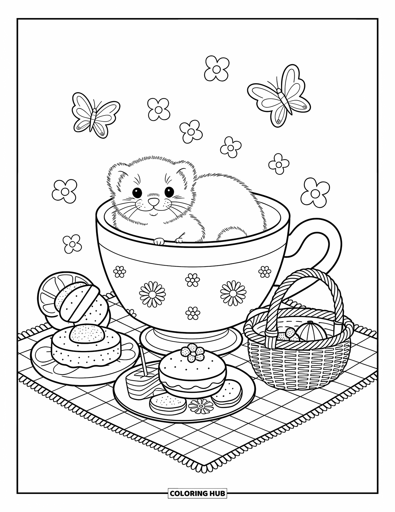 Ferret Coloring Page for Adults: Ferrets have a magical picnic with pastries, fruit, and one hiding behind a sandwich