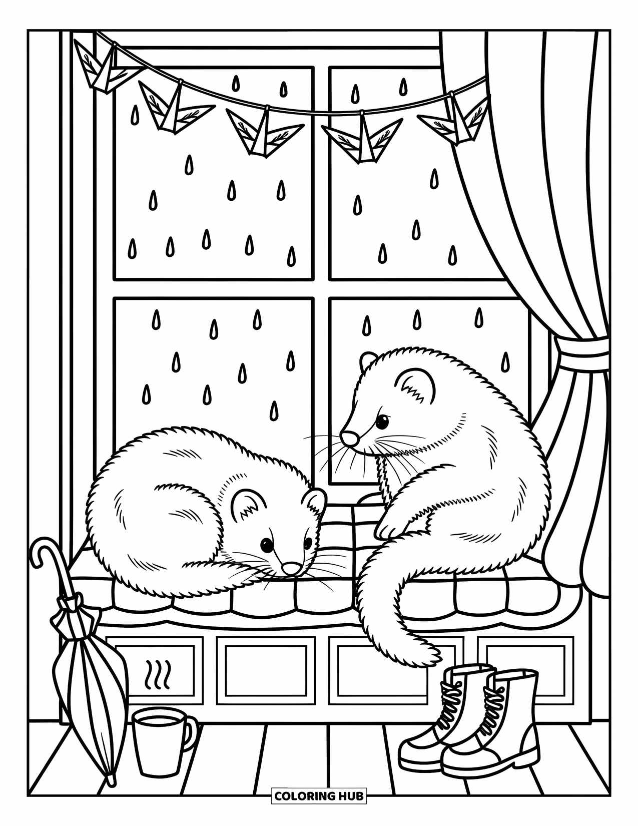 Ferret Coloring Page for Adults: Ferrets relax by the window as rain falls, with paper cranes and warm tea nearby