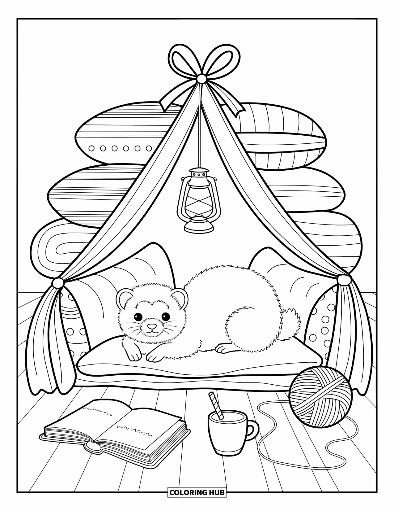Ferret Coloring Page for Adults: Inside a blanket fort, a ferret relaxes with a book, yarn, and a glowing lantern