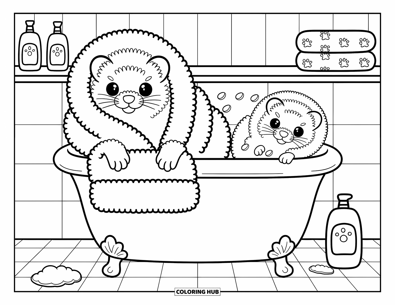 Ferret Coloring Page for Adults: One ferret shakes off water while another is snug in a towel after a bubbly bath