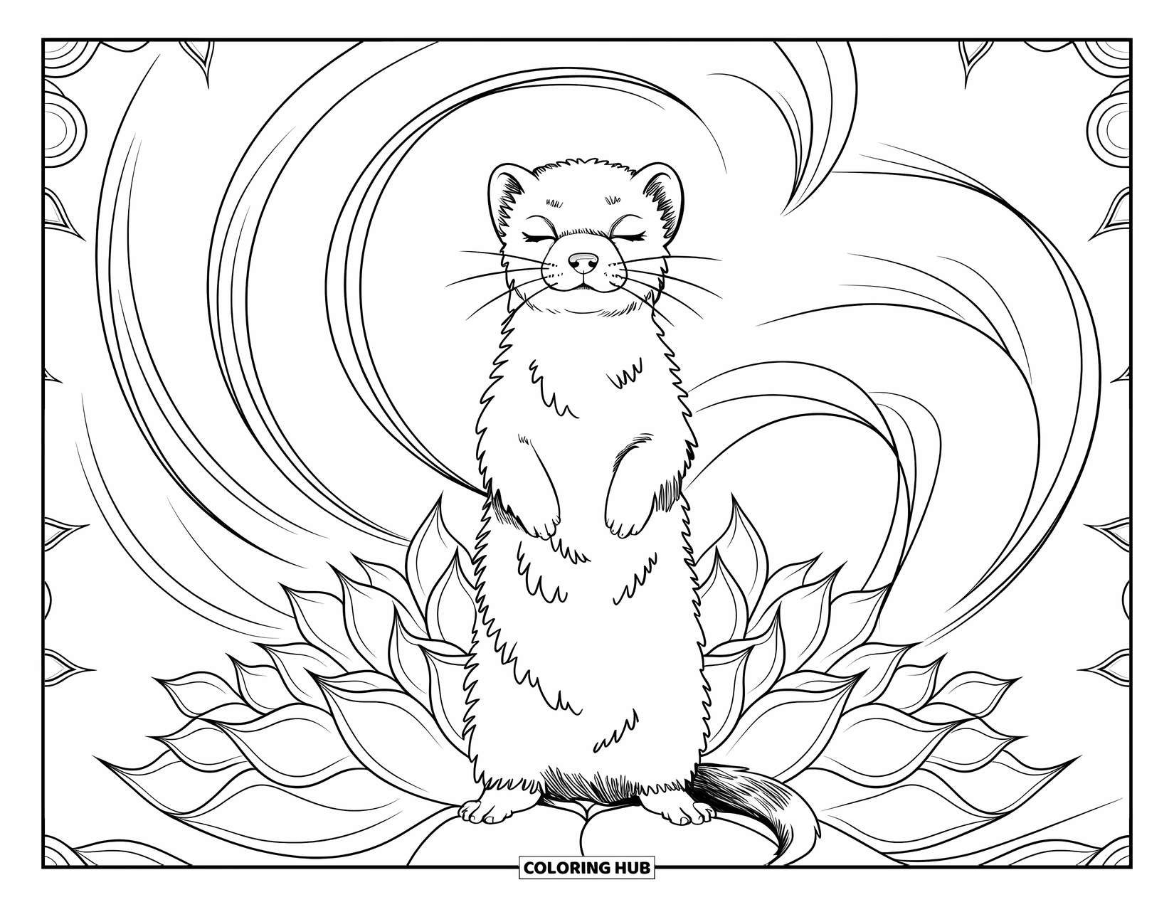 Ferret Coloring Page for Adults: Peaceful ferret with closed eyes surrounded by swirling lotus petals in a mandala design
