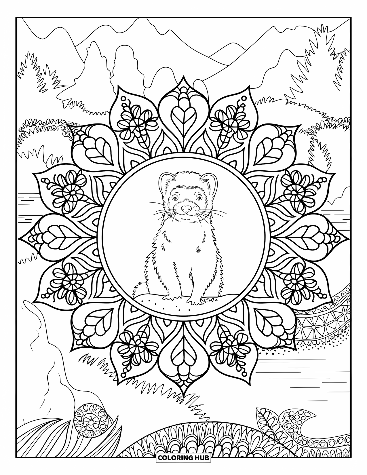 Ferret Coloring Page for Adults: Realistic ferret sitting on a rock framed by a floral mandala and serene view