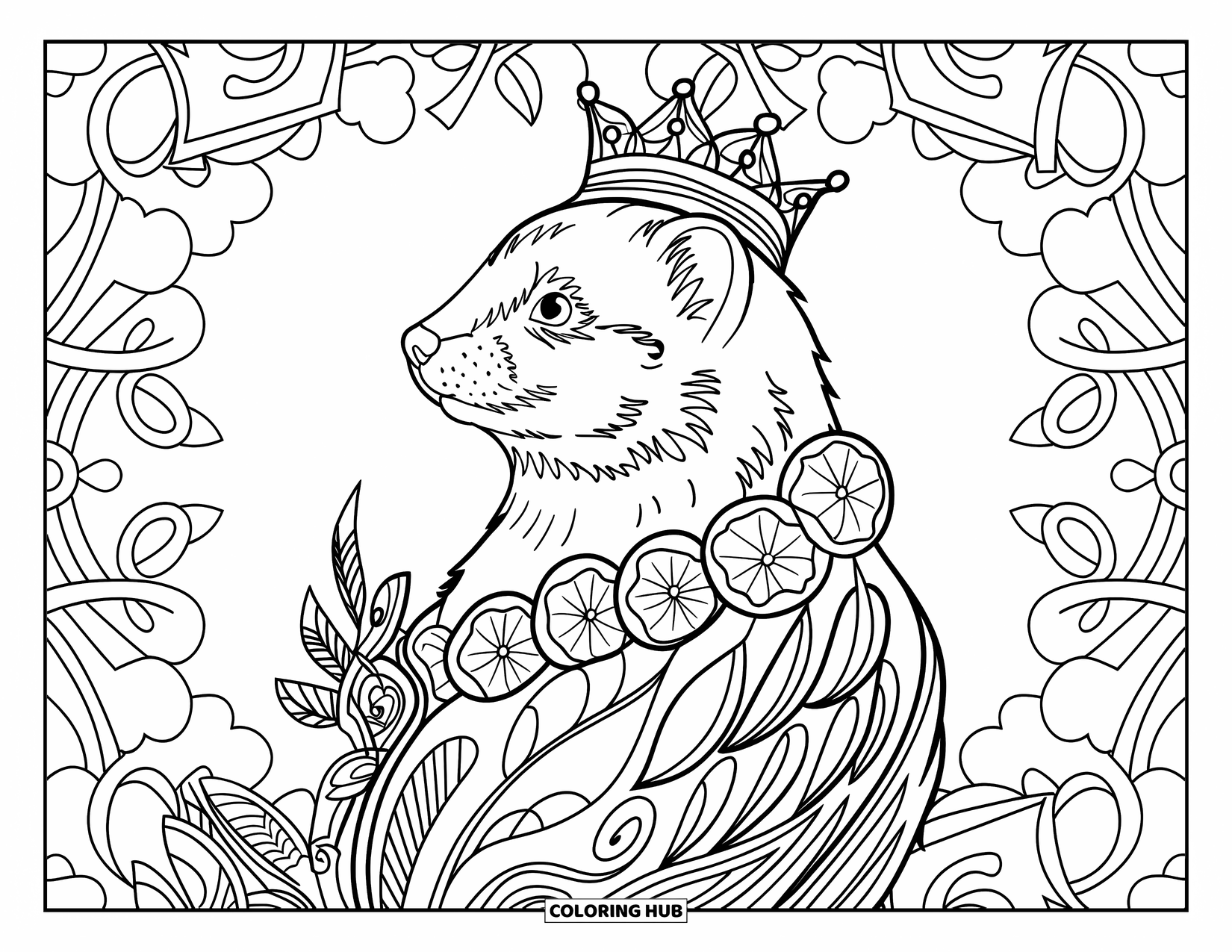 Ferret Coloring Page for Adults: Side-facing ferret with a crown surrounded by feathers, flowers, and leafy patterns