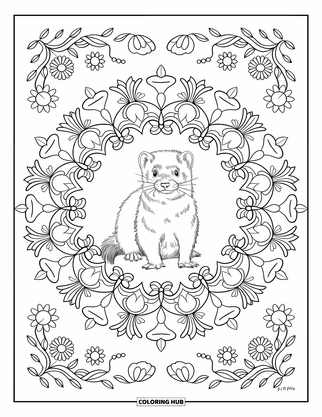 Ferret Coloring Page for Adults: Upright ferret in the middle of a floral mandala filled with flowers and vines