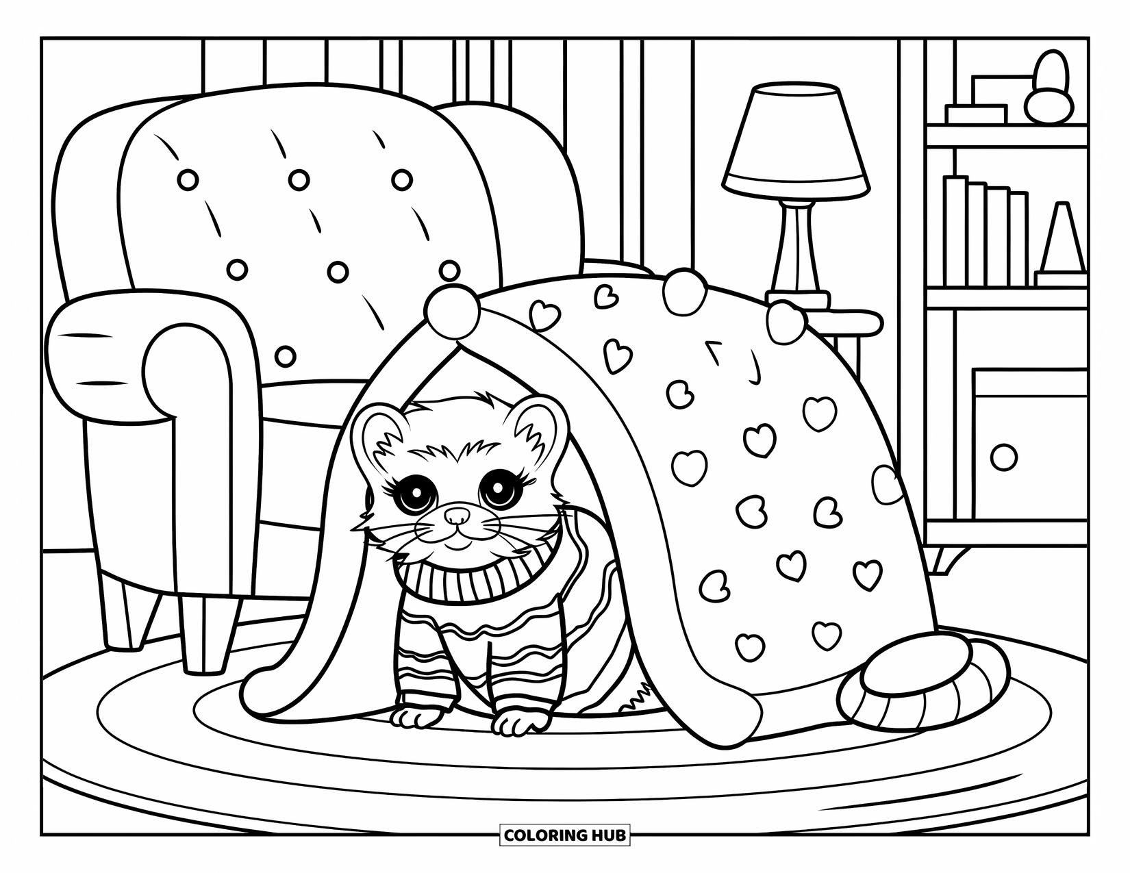 Ferret Coloring Page for Kids: A cozy sweatered ferret peeks from a fluffy blanket fort in a warm living room