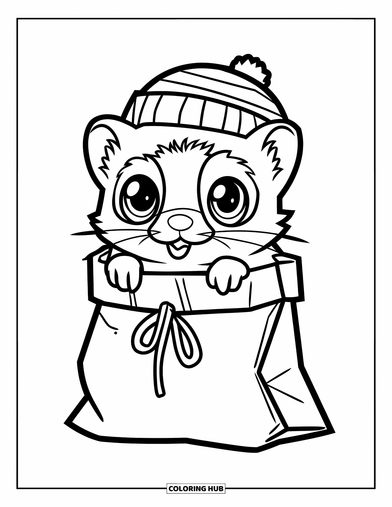 Ferret Coloring Page for Kids: A ferret in a striped hat pokes out of a tied paper bag