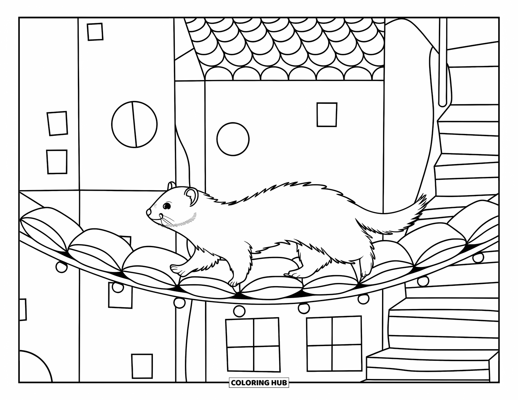 Ferret Coloring Page for Kids: A ferret walks a pillow bridge with a spiral staircase and whimsical buildings