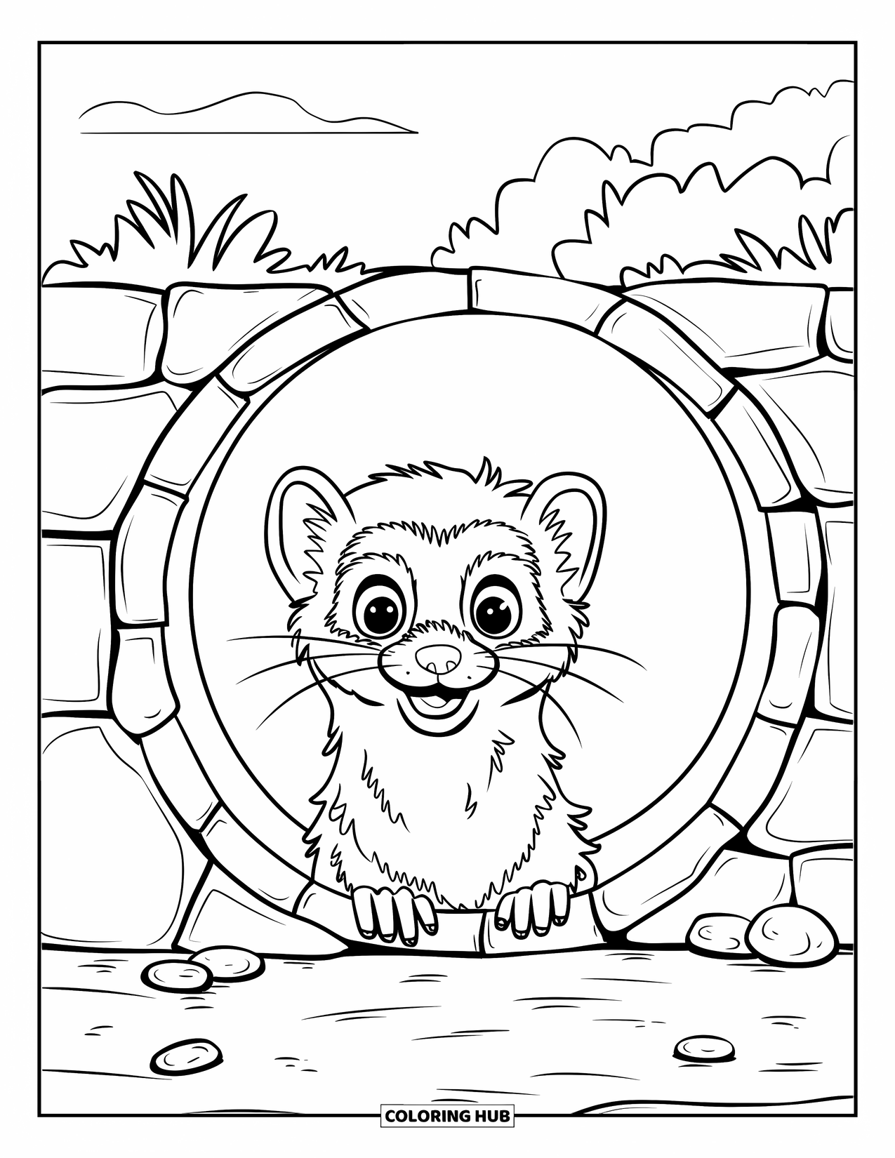 Ferret Coloring Page for Kids: A happy ferret peeks from a stone tunnel near plants and clouds
