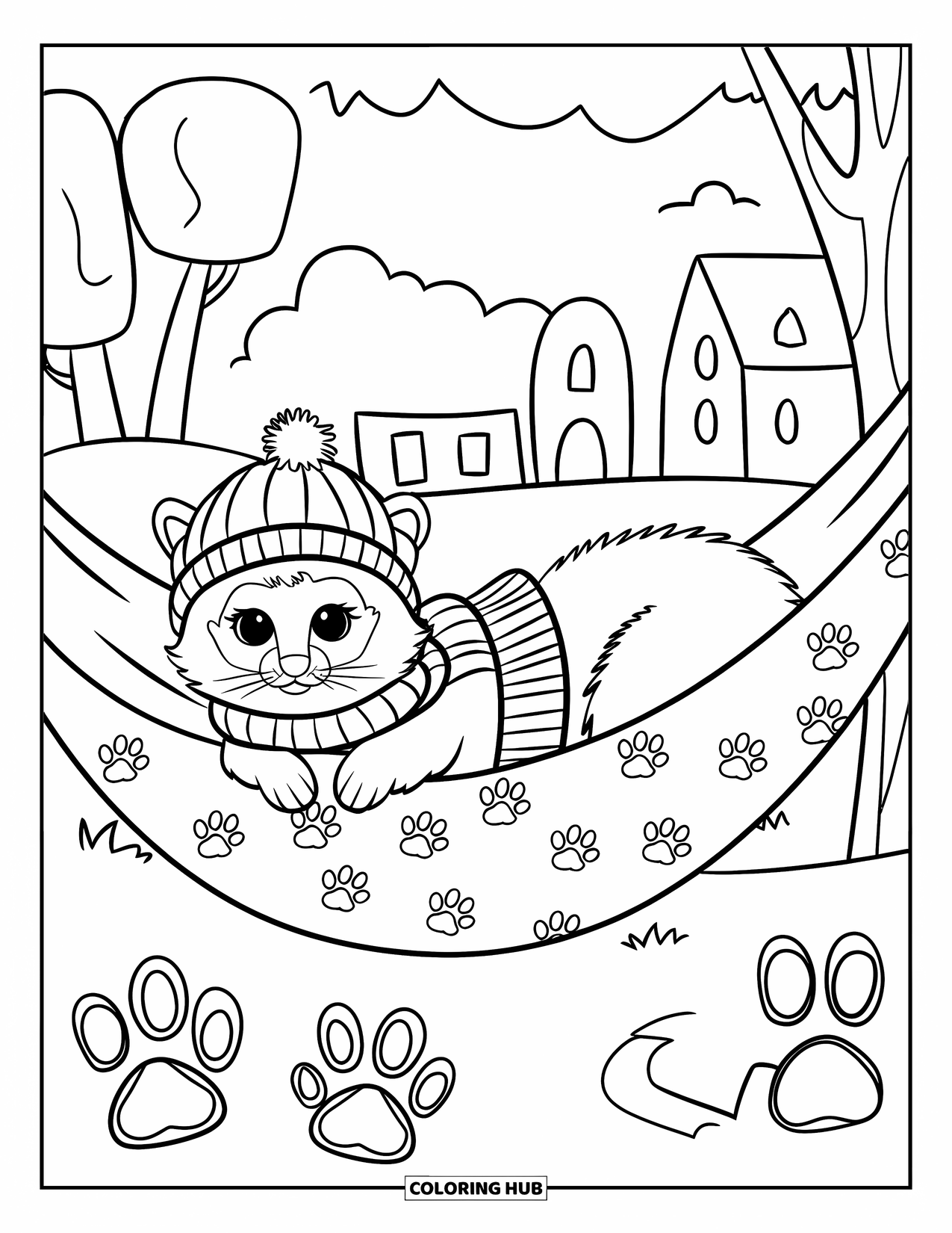 Ferret Coloring Page for Kids: A hat-and-scarf-wearing ferret naps in a hammock near trees and buildings