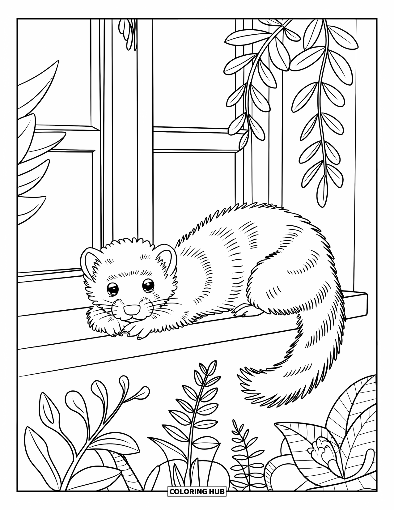 Ferret Coloring Page for Kids: A relaxed ferret lounges on a windowsill beside a few leafy plants