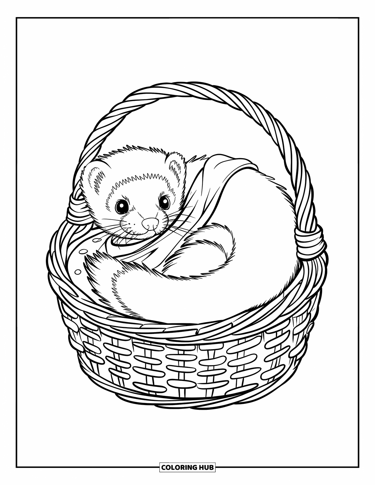 Ferret Coloring Page for Kids: A scarfed ferret curls in a handled basket on a wooden base