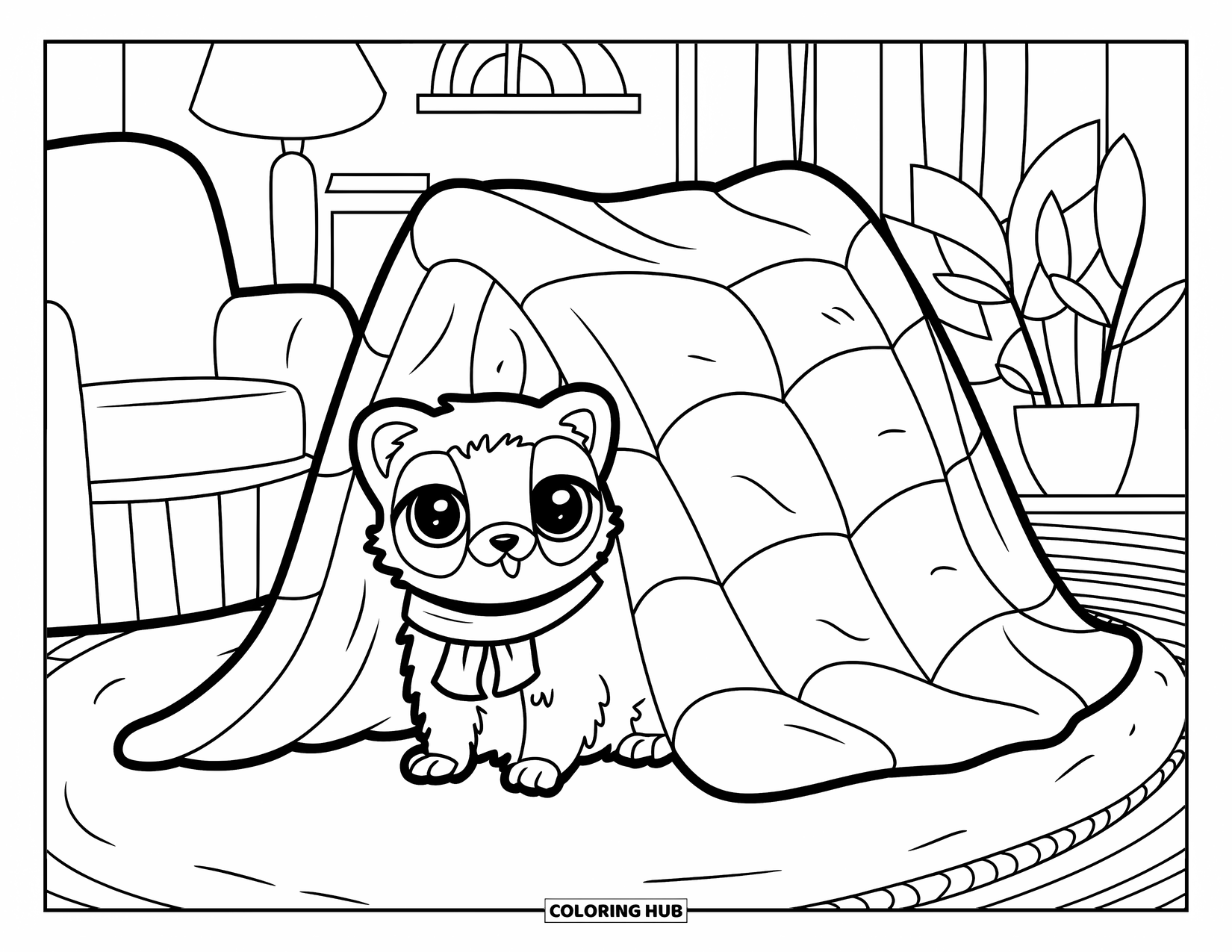 Ferret Coloring Page for Kids: A scarfed ferret hides in a woven blanket fort near a chair and lamp